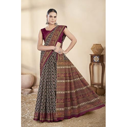 Tamaira Fashion Women's Printed Pure Cotton Mulmul Saree Without Blouse Piece(Ab45_Black)