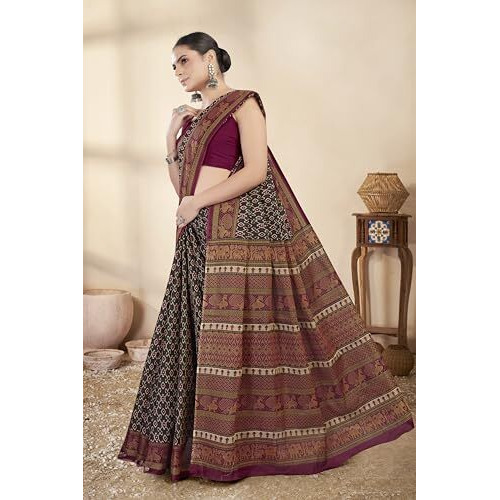 Tamaira Fashion Women's Printed Pure Cotton Mulmul Saree Without Blouse Piece(Ab45_Black)