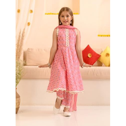 Pspeaches Girl's Cotton Kurta & Palazzo (Ks-Pinkkingrilace-5-6Y_Pink