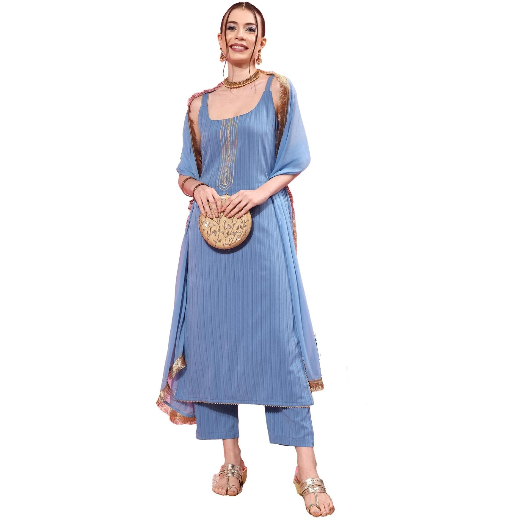 Varanga Women Blue Spaghetti Strap Straight Kurta With Tonal Bottom & Dupatta  Lace & Gotta Detailing On Yoke For A Stylish And Comfortable Look.