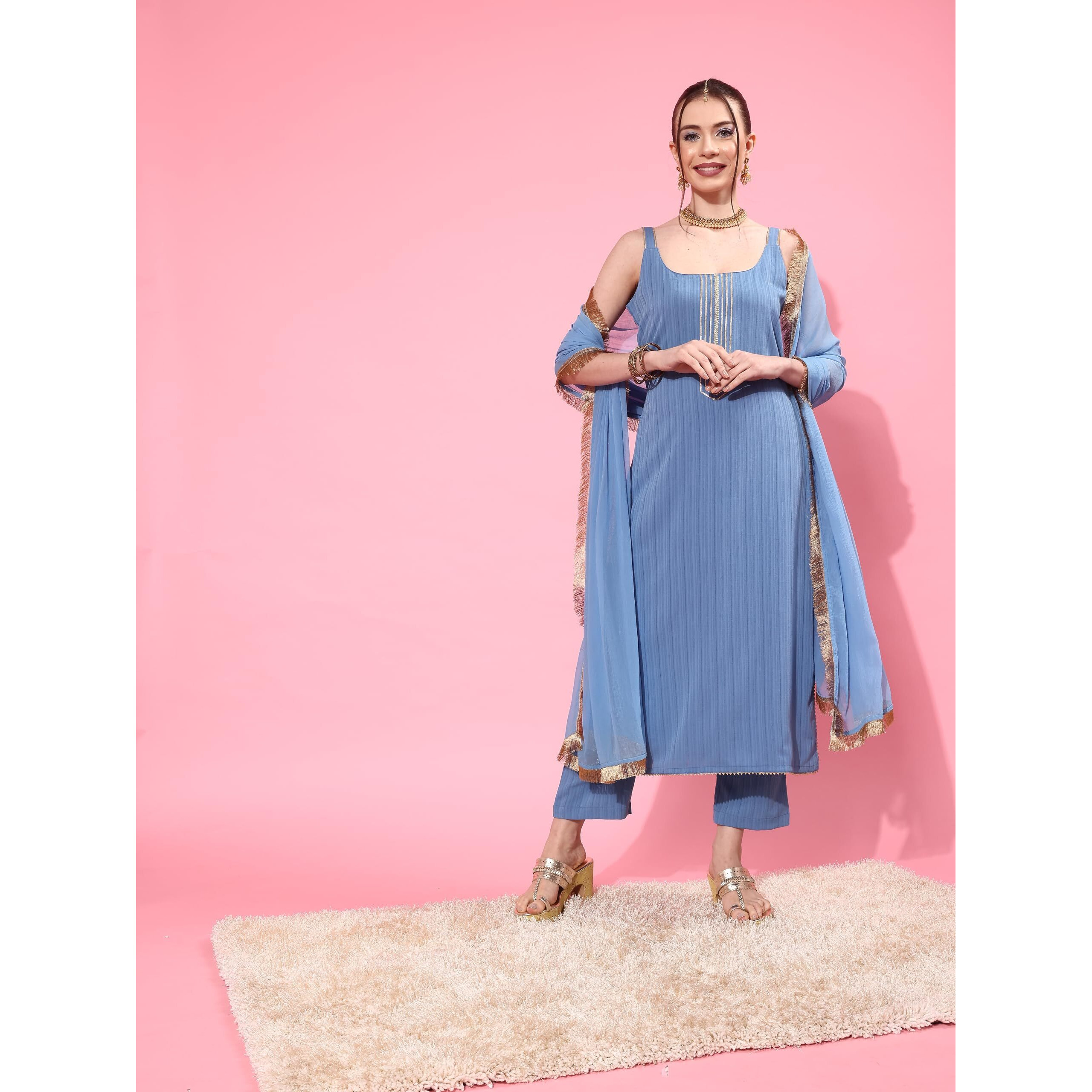 Varanga Women Blue Spaghetti Strap Straight Kurta With Tonal Bottom & Dupatta  Lace & Gotta Detailing On Yoke For A Stylish And Comfortable Look.
