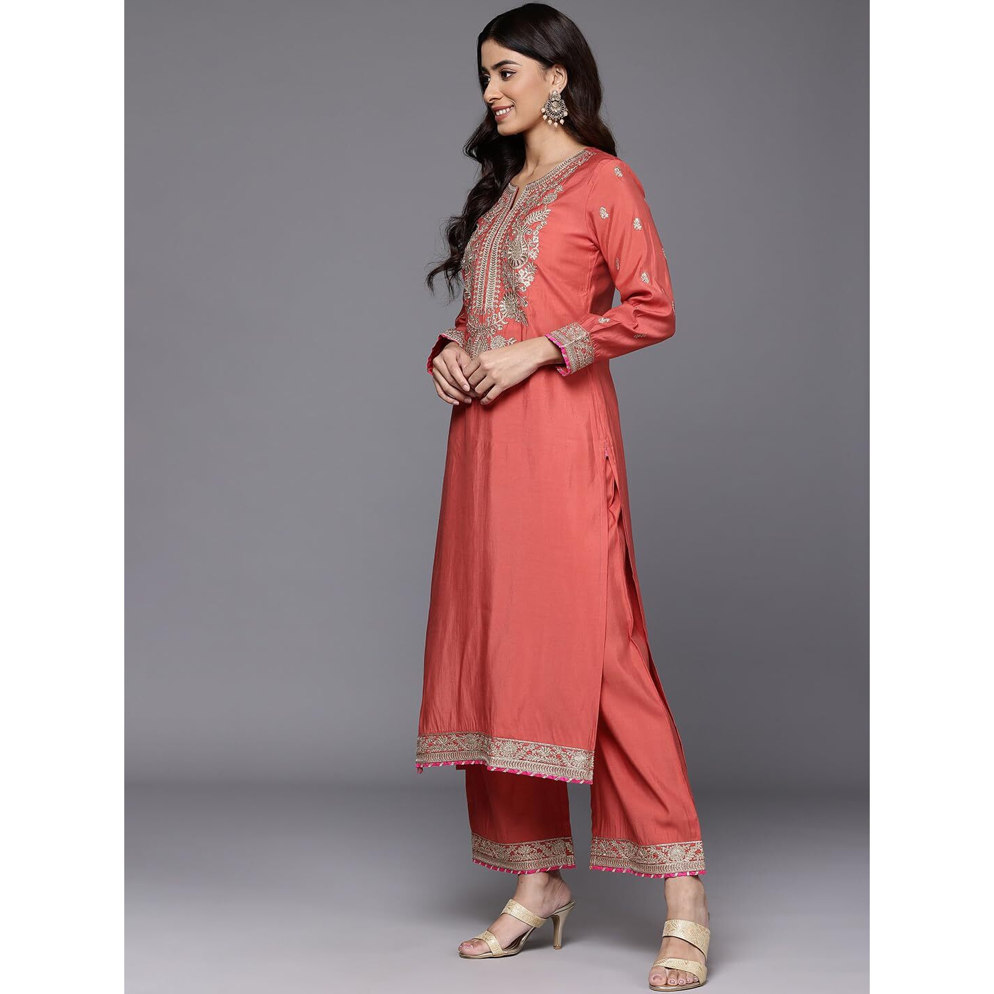 Varanga Women Rust Zari Embroidered Kurta With Bottom And Dupatta