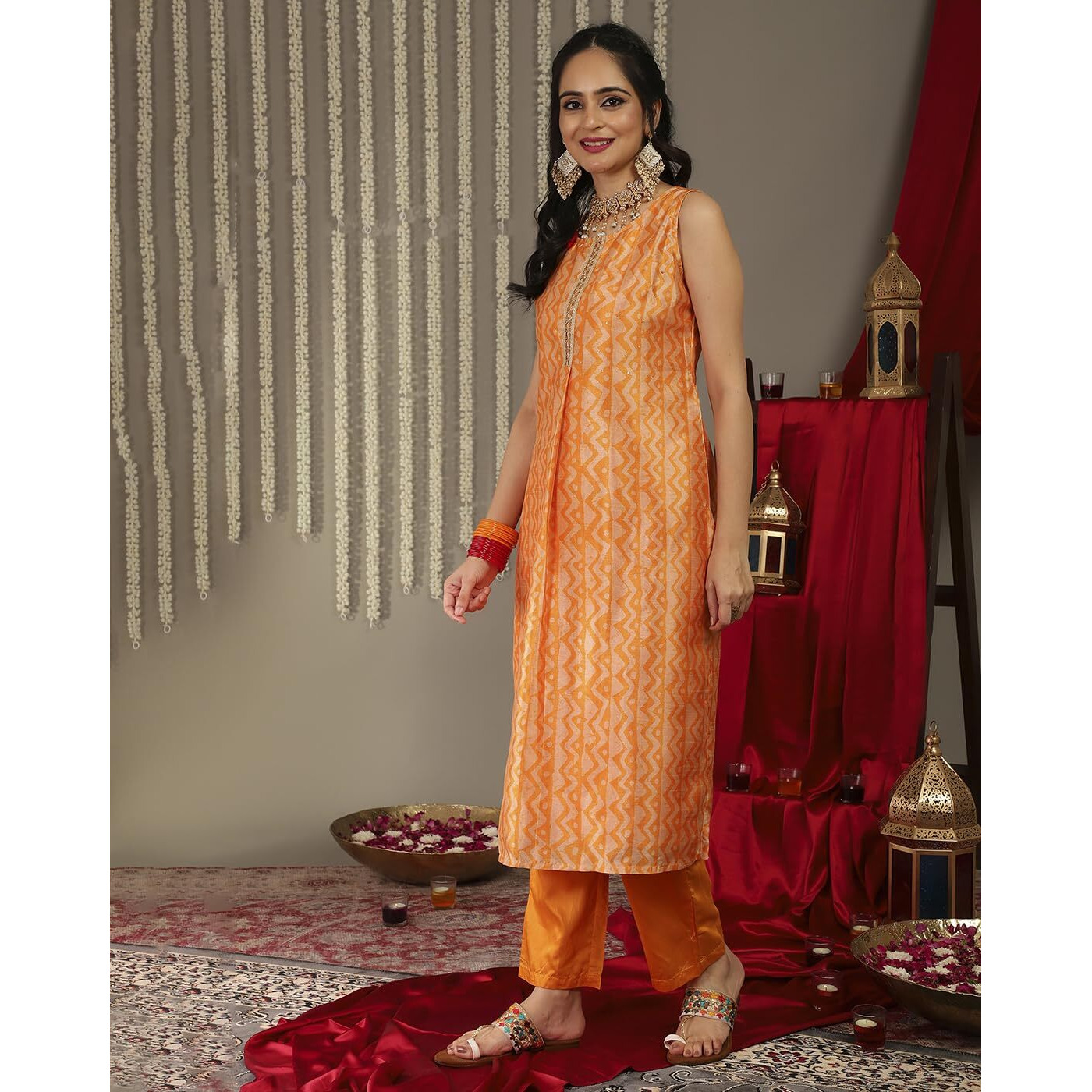 Varanga Yellow Cut Sleeve Straight Kurta With Tonal Bottom And Tonal Dupatta.