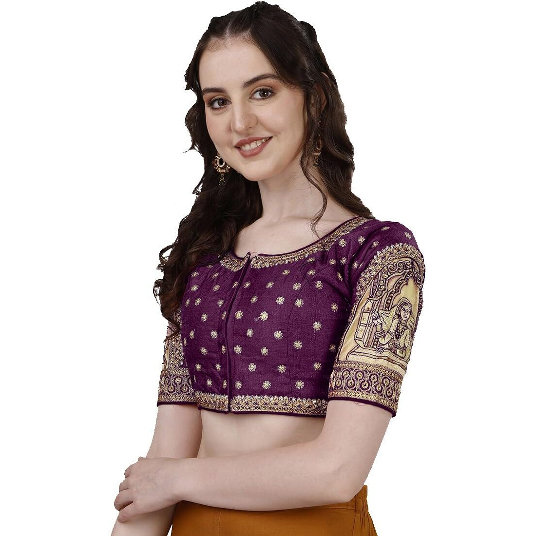 Vihu Fashion Women's Heavy Embroidery Coding With Sequins And Diamond Work Half Sleeves Fancy Cutwork Readymade Saree Blouse.(Palace Wine_38)