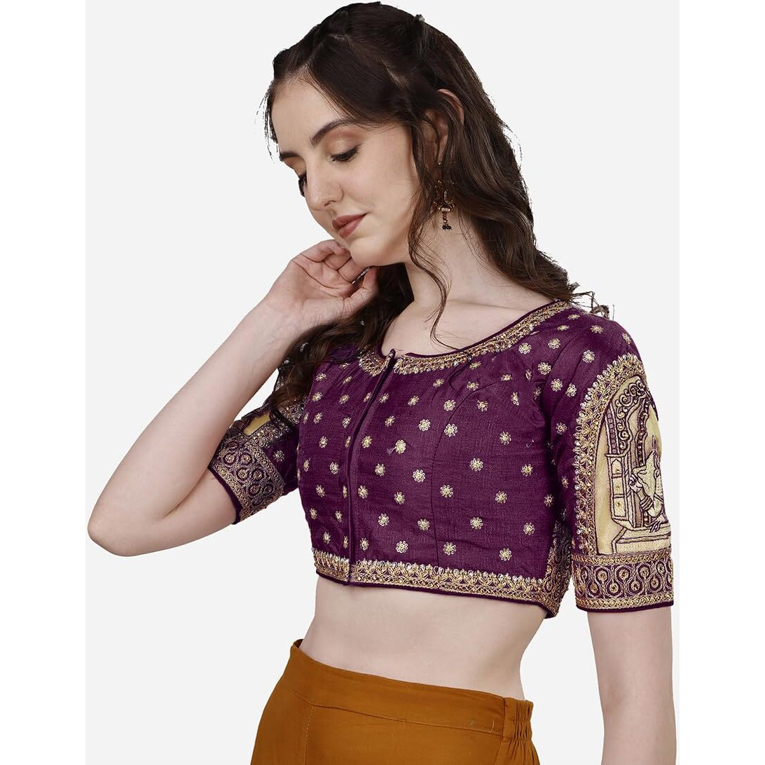 Vihu Fashion Women's Heavy Embroidery Coding With Sequins And Diamond Work Half Sleeves Fancy Cutwork Readymade Saree Blouse.(Palace Wine_38)