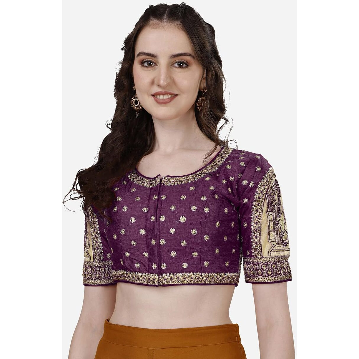 Vihu Fashion Women's Heavy Embroidery Coding With Sequins And Diamond Work Half Sleeves Fancy Cutwork Readymade Saree Blouse.(Palace Wine_38)