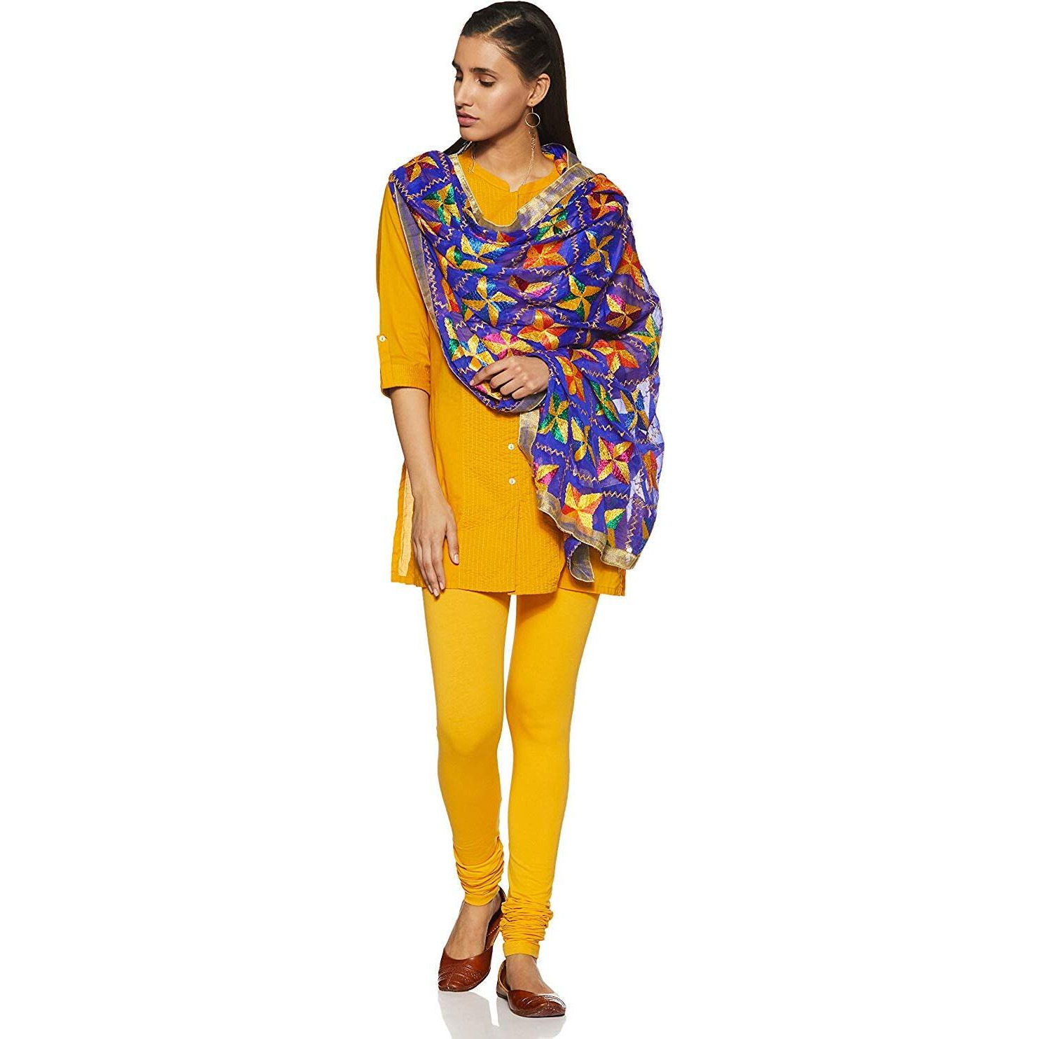 Weavers Villa Punjabi Hand Embroidery Phulkari Faux Chiffon Blue Dupatta, Stoles, 2.25 Mtrs