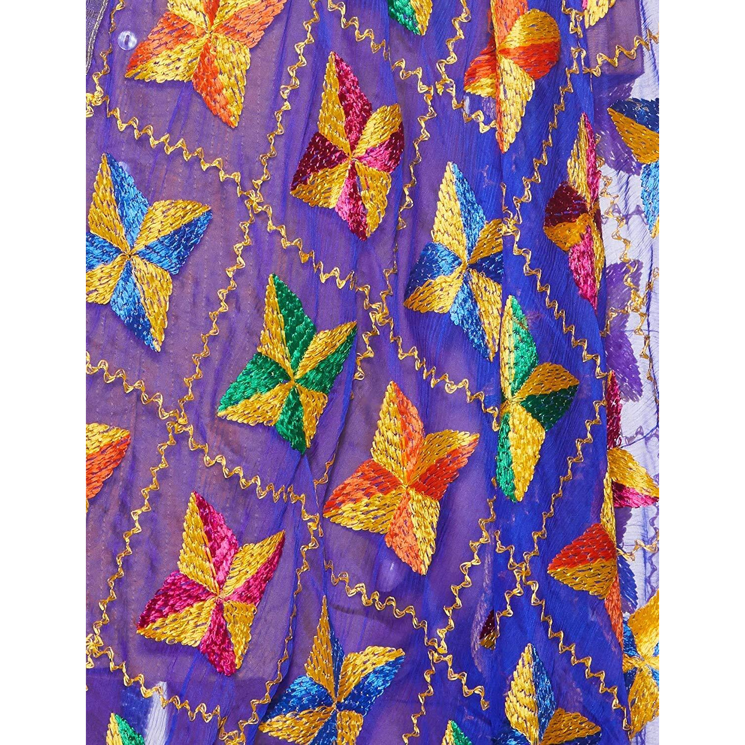 Weavers Villa Punjabi Hand Embroidery Phulkari Faux Chiffon Blue Dupatta, Stoles, 2.25 Mtrs