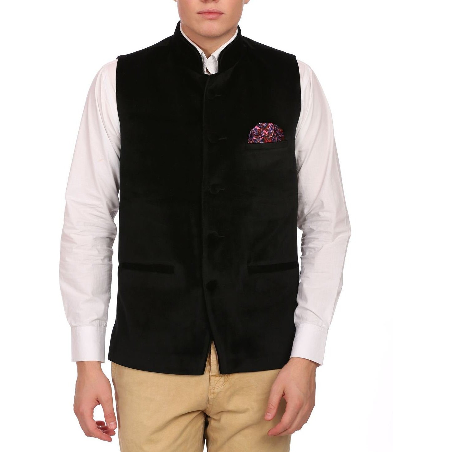 Wintage Men's Velvet Grandad Collar Festive Black Nehru Jacket Vest Waistcoat