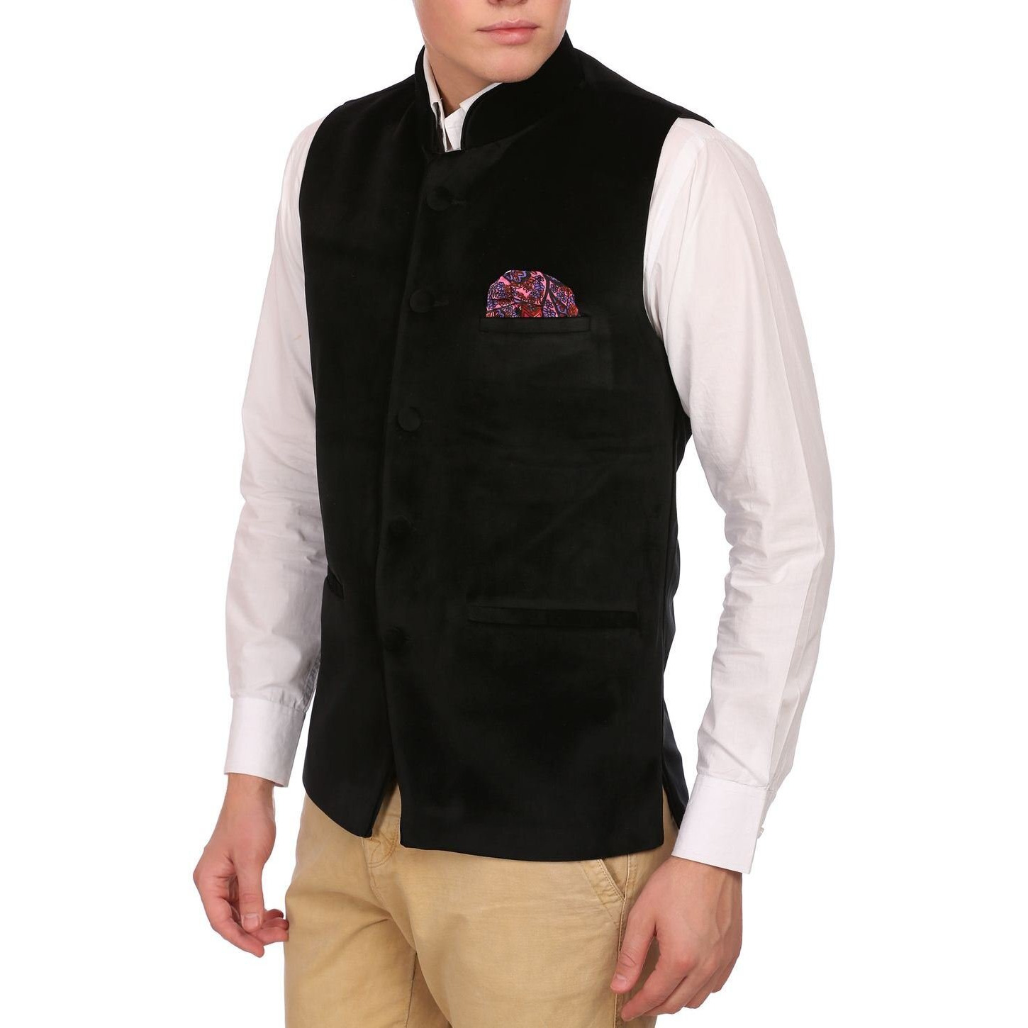 Wintage Men's Velvet Grandad Collar Festive Black Nehru Jacket Vest Waistcoat