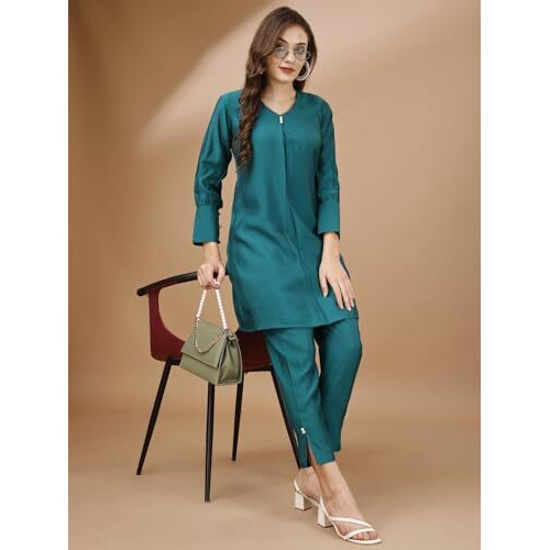 Womanista Blend Women's Teal Colour Chanderi Silk Fabric Tunic With Trouser Coord Set Ankle Length (Co-Ords_9026 Xl)
