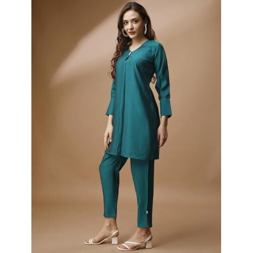 Womanista Blend Women's Teal Colour Chanderi Silk Fabric Tunic With Trouser Coord Set Ankle Length (Co-Ords_9026 Xl)