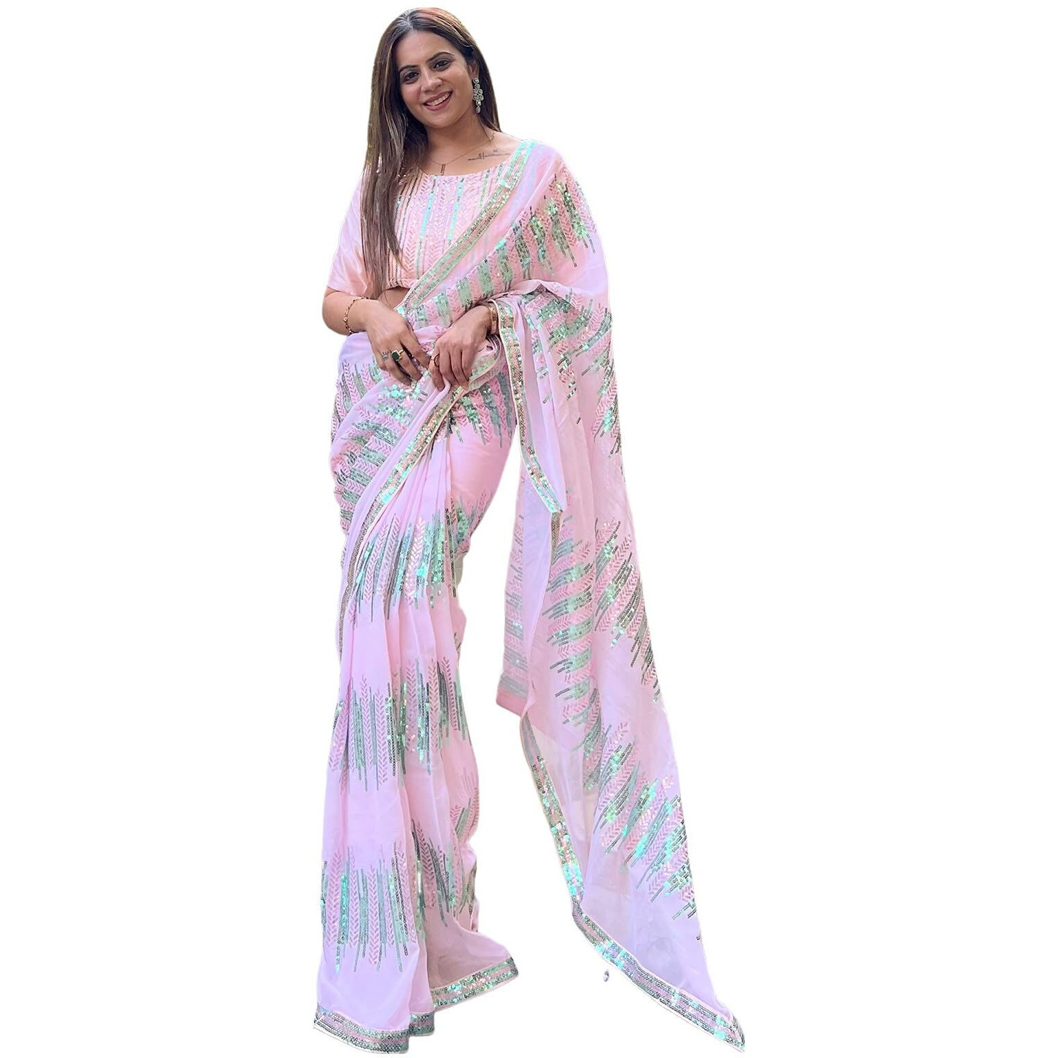 Satrani Women's Georgette Sequence Work & Lace Saree With Unstitched Blouse Piece (3547S133N_Light Pink1)