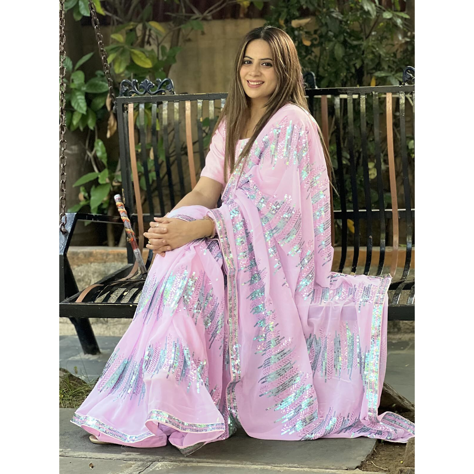 Satrani Women's Georgette Sequence Work & Lace Saree With Unstitched Blouse Piece (3547S133N_Light Pink1)
