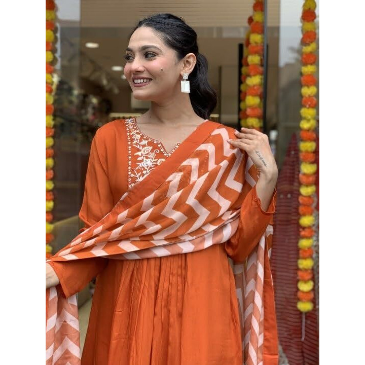 Nermosa Women Solid Orange Embroidery Kurta And Pant Set With Dupatta (In, Alpha, Xl, Orange)