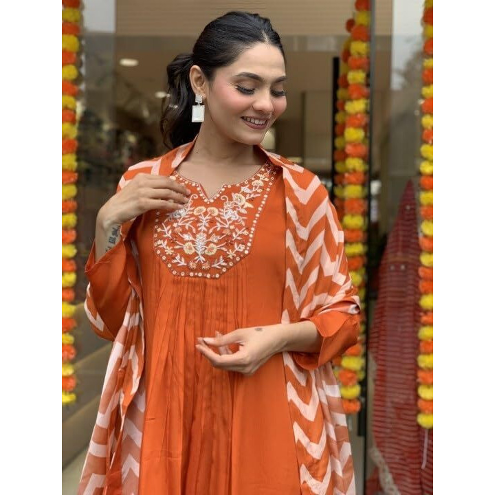 Nermosa Women Solid Orange Embroidery Kurta And Pant Set With Dupatta (In, Alpha, Xl, Orange)