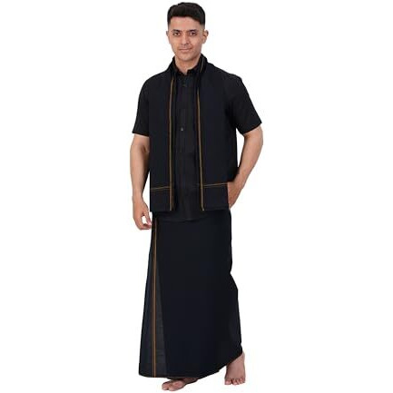 Prakasam Cotton Mens Small Border (Roja) Flexi Adjustable Readymade Pocket Black Dhoti + Readymade Half Sleeve Shirt + Black Small Border Towel