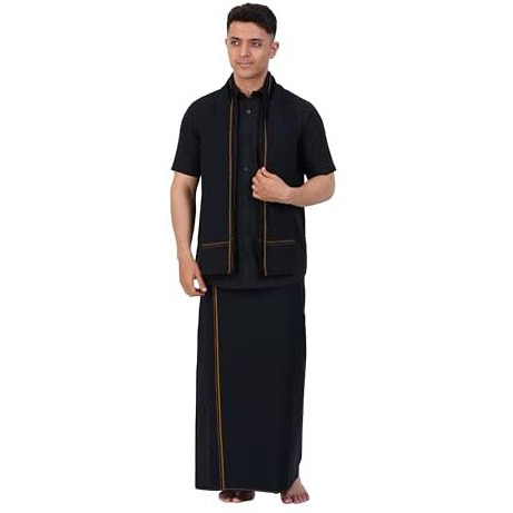 Prakasam Cotton Mens Small Border (Roja) Flexi Adjustable Readymade Pocket Black Dhoti + Readymade Half Sleeve Shirt + Black Small Border Towel