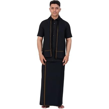 Prakasam Cotton Mens Small Border (Roja) Flexi Adjustable Readymade Pocket Black Dhoti + Readymade Half Sleeve Shirt + Black Small Border Towel