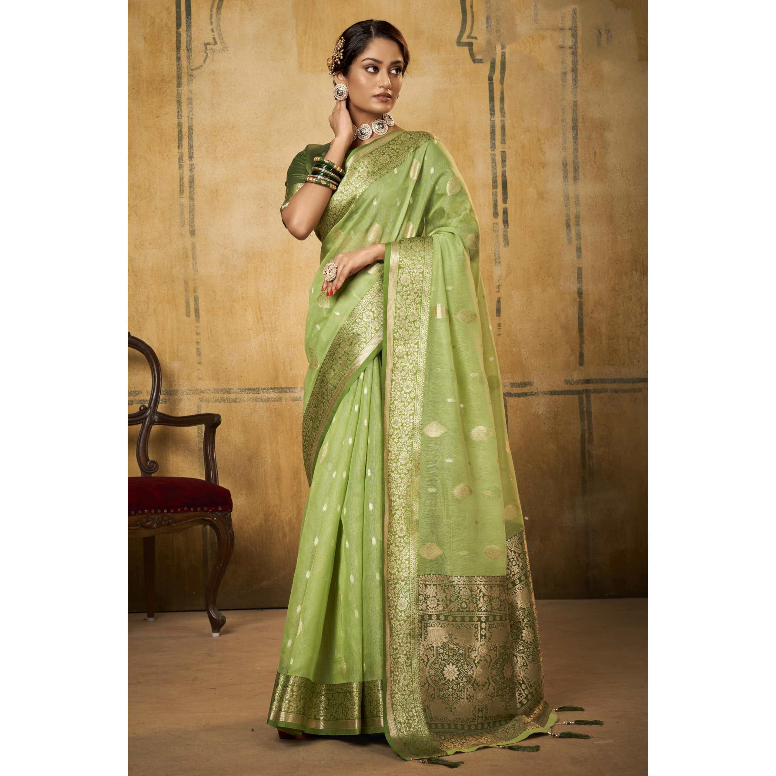 Pujia Mills Women Banarasi Woven Tissue Silk Saree With Zari Butta Work Indian Ethnic Wear Designer Wedding Saree 2025 Woven Golden Zari Border With Rich Pallu Soft Silk Saree Paithni Saree Pista