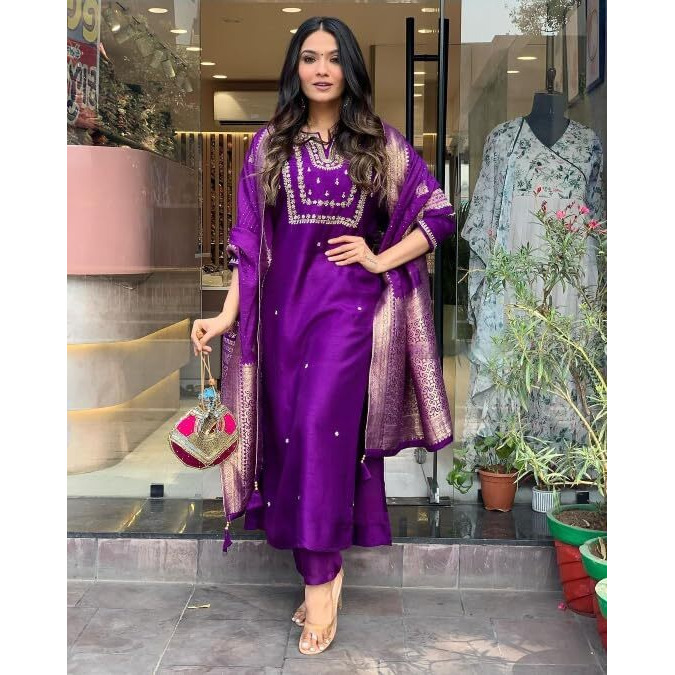 Shiv Textiles Women's Purple Viscose Chandderi Ethnic Wear Kurta With Pant & Duppata (Jd-Akshara-Purple-L)
