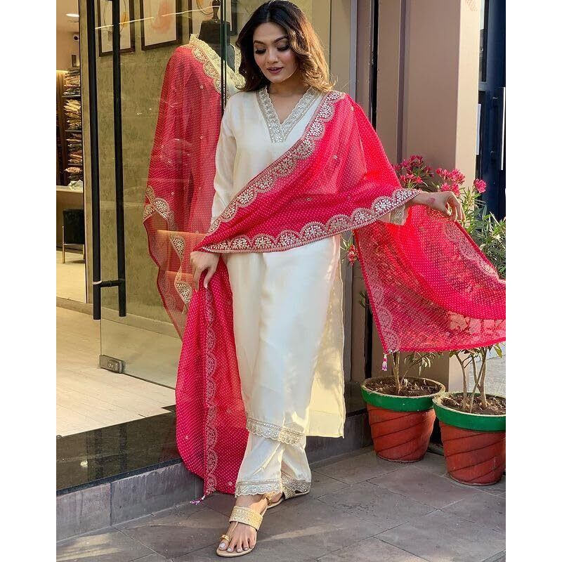 Shiv Textiles Women's Chanderi Silk Embroidered Kurta Pant Dupatta Set(Jda-Panchhi-Offwhite-M)
