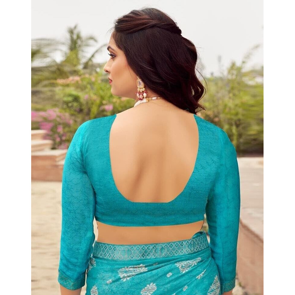 Shiv Textiles Women's Chiffon Floral Printed & Lace Saree(Sat-537S-Blue)