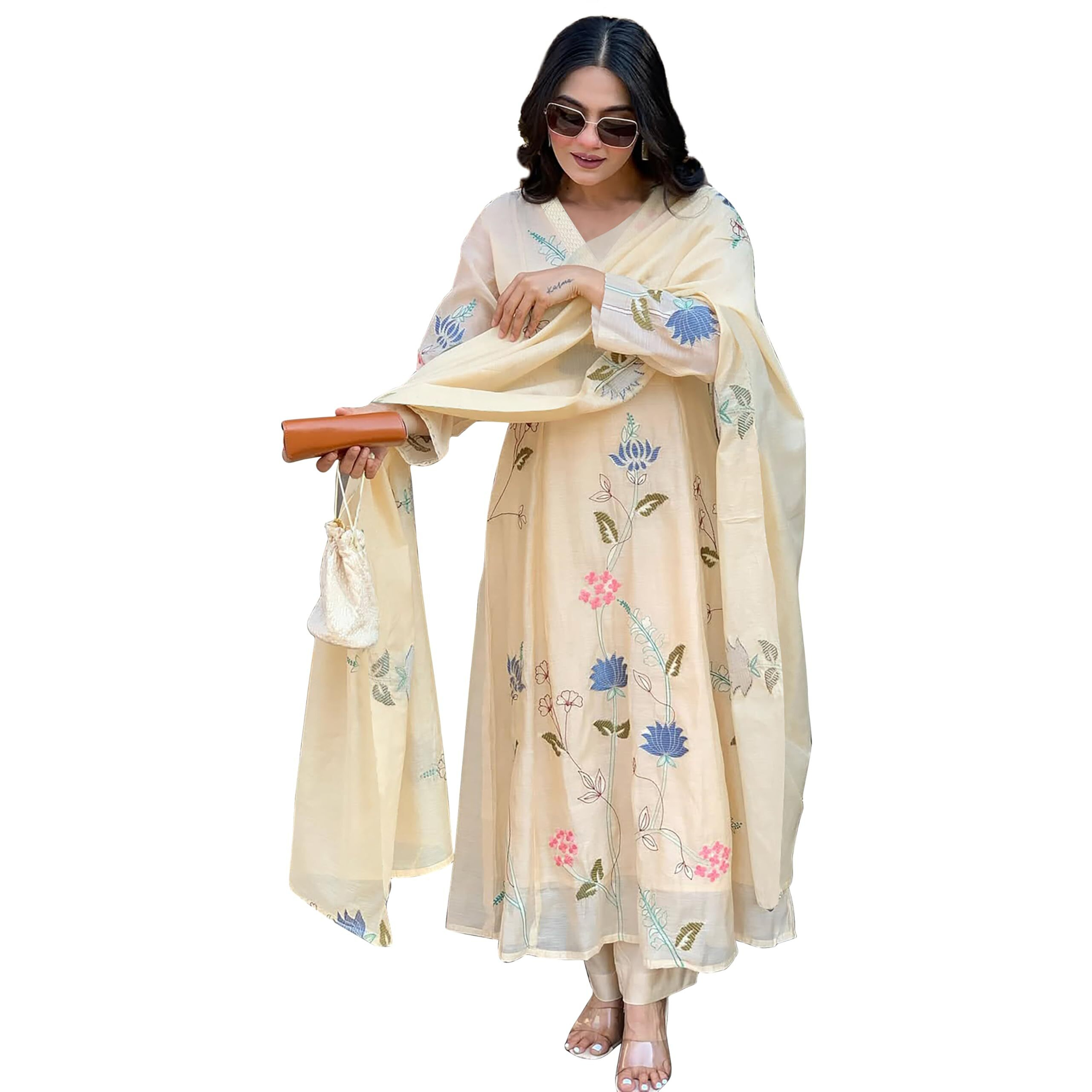 Toochki Women's Muslin Anarkali Embroidered With Printed Kurta With Palazzo And Dupatta Beige