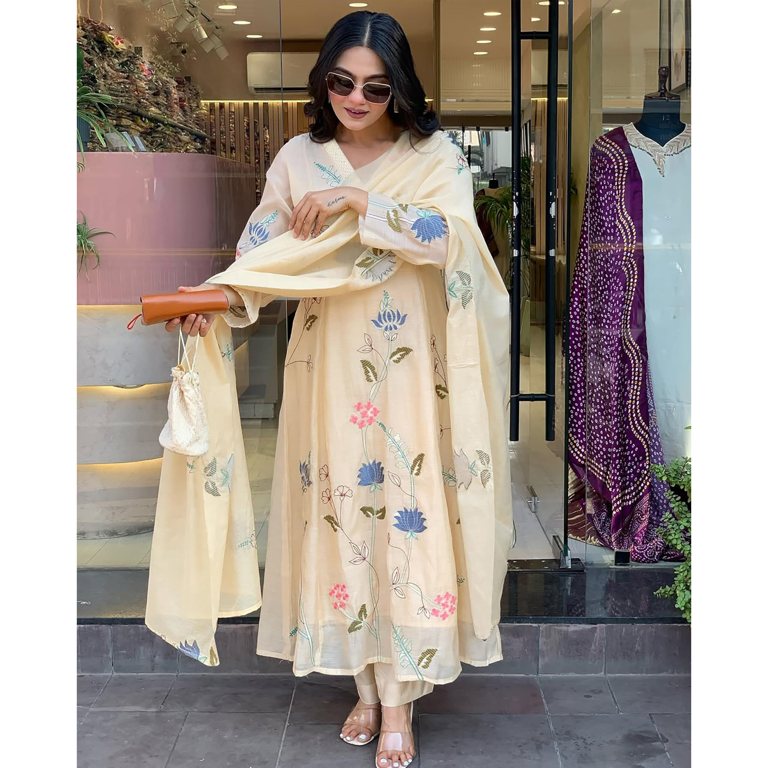 Toochki Women's Muslin Anarkali Embroidered With Printed Kurta With Palazzo And Dupatta Beige