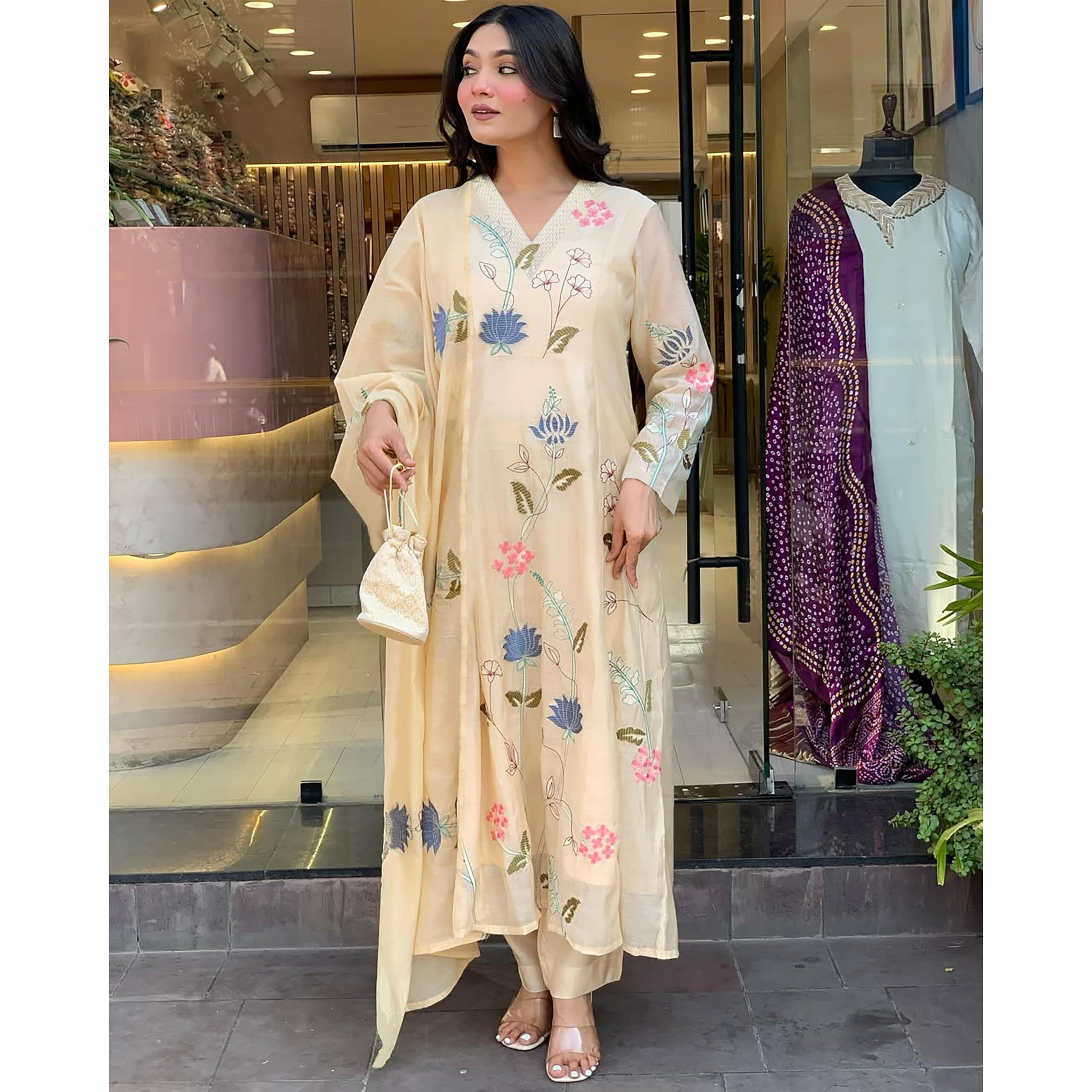 Toochki Women's Muslin Anarkali Embroidered With Printed Kurta With Palazzo And Dupatta Beige