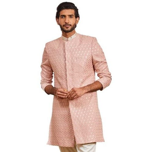 Vastramay Men's Peach Rayon Indo Western - This Men's Embroidered Kurta, Pant Set Blends Traditional Craftsmanship With Contemporary Elegance.