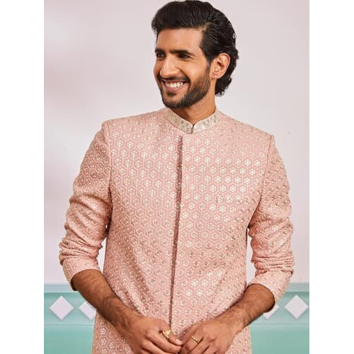 Vastramay Men's Peach Rayon Indo Western - This Men's Embroidered Kurta, Pant Set Blends Traditional Craftsmanship With Contemporary Elegance.