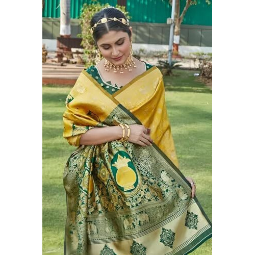 Yashika Women's Banarasi Kanjivaram Silk Woven Saree | Animal Printed Patola Silk Saree For Women (Az-Ys-Og-Houseful Yellow)