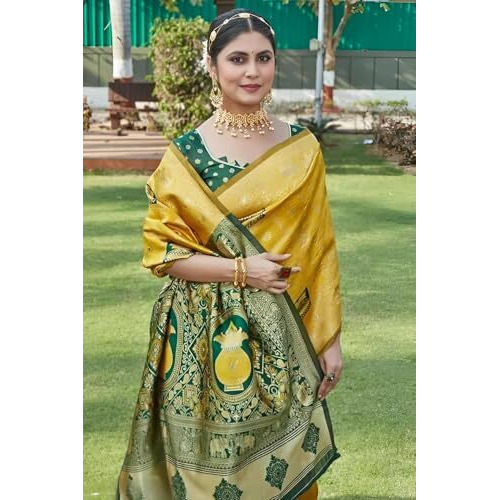 Yashika Women's Banarasi Kanjivaram Silk Woven Saree | Animal Printed Patola Silk Saree For Women (Az-Ys-Og-Houseful Yellow)