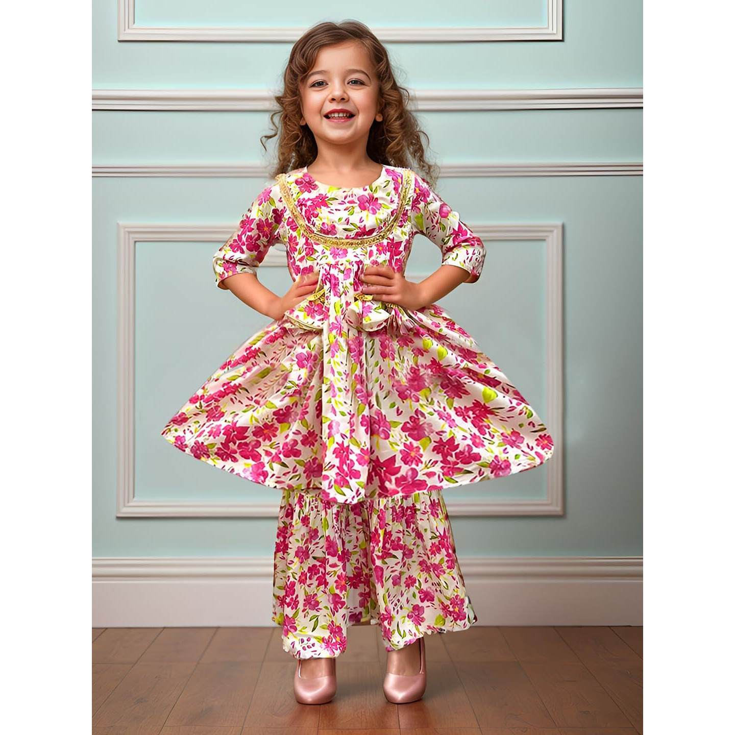 A.T.U.N. (All Things Uber Nice) A.T.U.N. Girls Ethnic Wear Sharara | Floral Pink Printed Kurta With Sharara Set For Girls