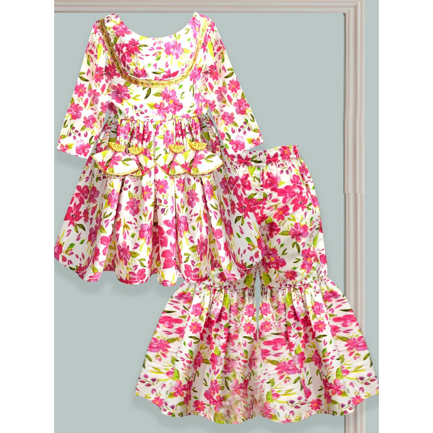 A.T.U.N. (All Things Uber Nice) A.T.U.N. Girls Ethnic Wear Sharara | Floral Pink Printed Kurta With Sharara Set For Girls