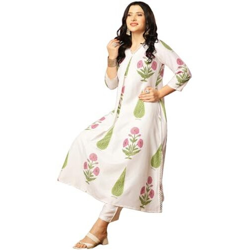 Anni Designer Women's Rayon Viscose A-Line Printed Kurta With Pant (Pnil White-Vks01_4Xl_White_Xxxx-Large)