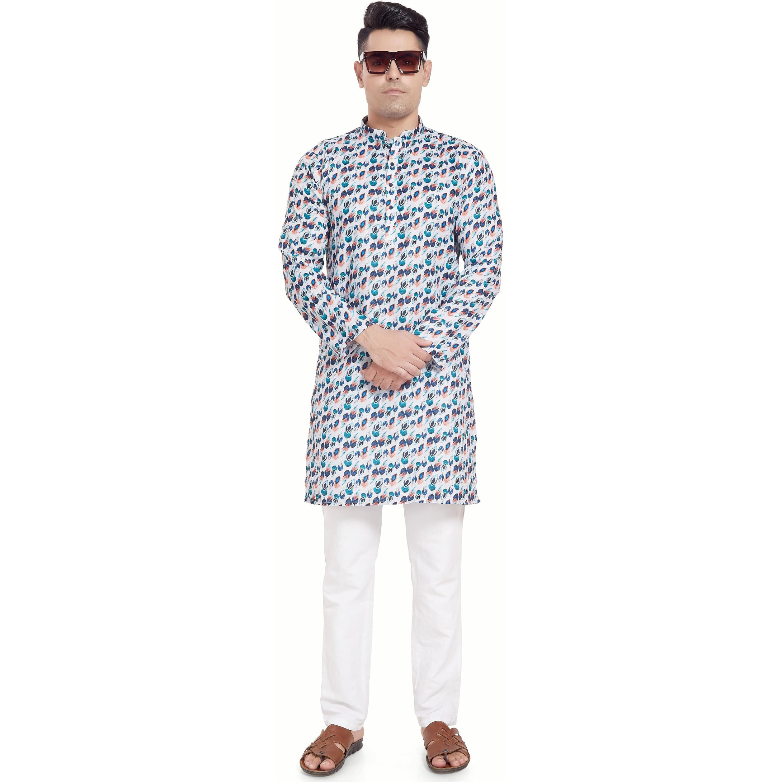 Divisive Men's Linen Blend Digital Printed Slim Fit Only Kurta (Dkrt364_M_Multi_14)
