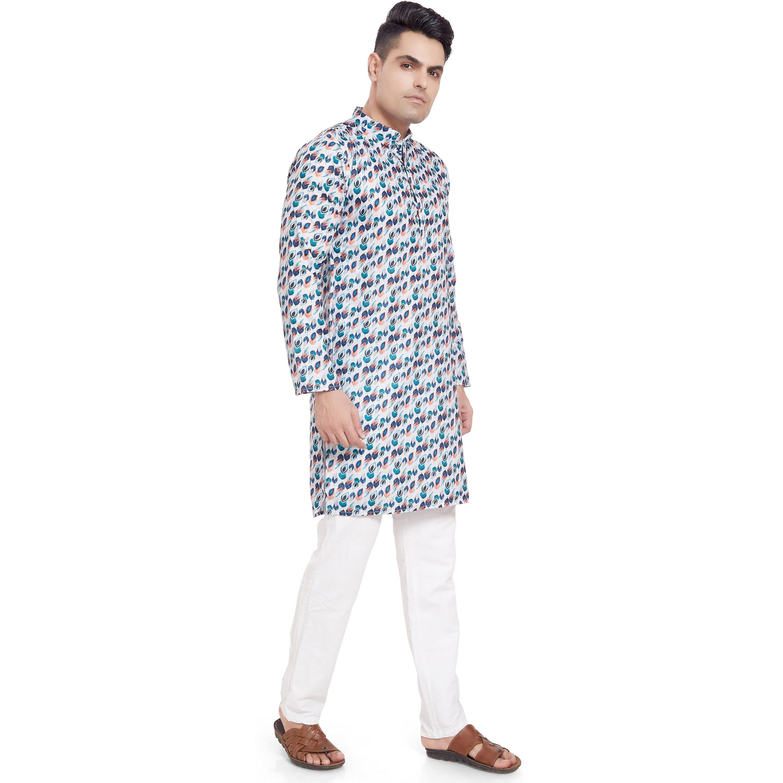 Divisive Men's Linen Blend Digital Printed Slim Fit Only Kurta (Dkrt364_M_Multi_14)