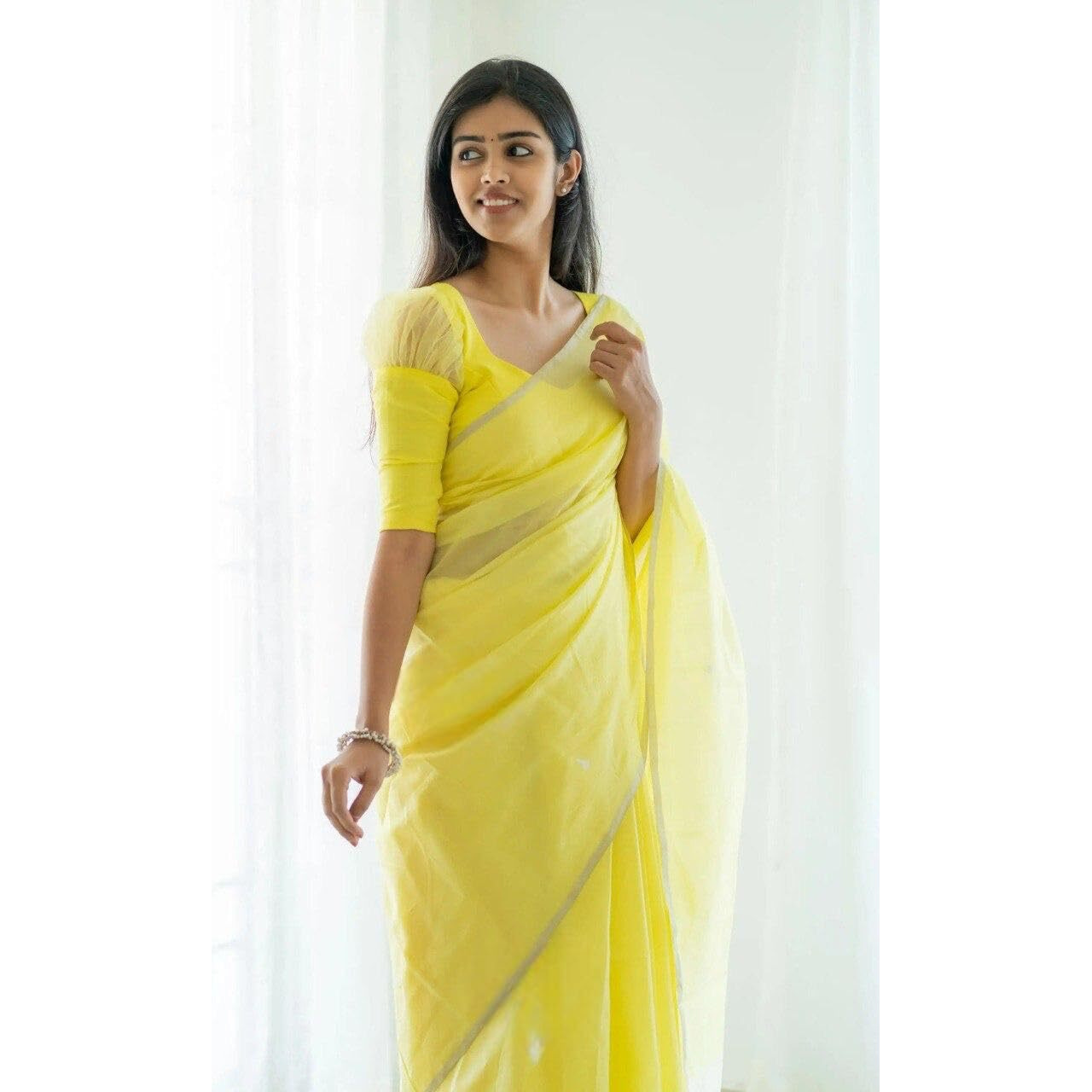 Flosive Women's Woven Cotton Saree With Unstitched Blouse (Lemon Yellow)