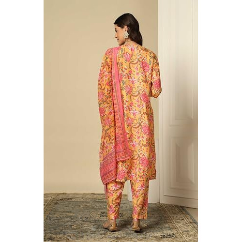 Greciilooks Women Semi Cotton Alia Cut Regular Fit Kurta Set (Yellow, Small)