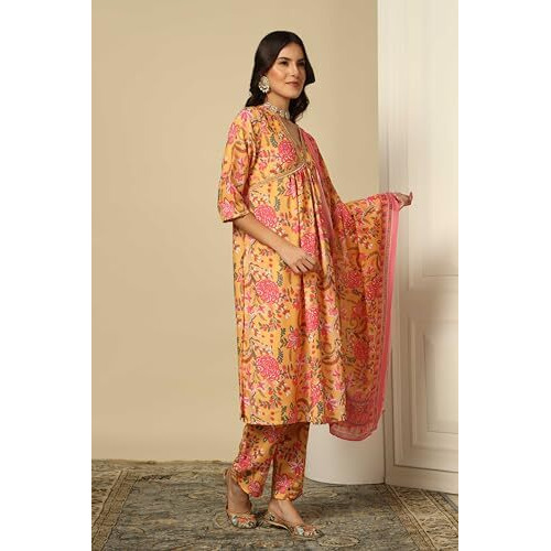 Greciilooks Women Semi Cotton Alia Cut Regular Fit Kurta Set (Yellow, Small)