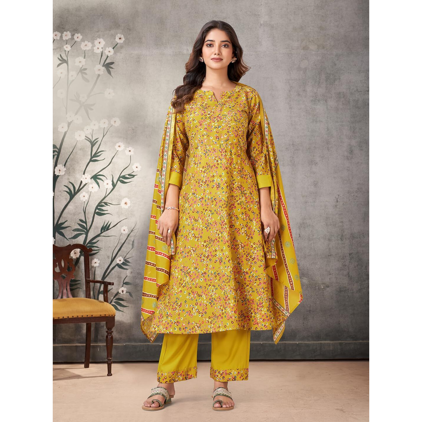 Pratham Blue Women's Viscose Rayon Printed Anarkali Kurta With Palazzos And Dupatta |Kurta Set For Women |Women Kurta |Women Printed Kurta Sets Kurtis (Pb-6228-S_Yellow)