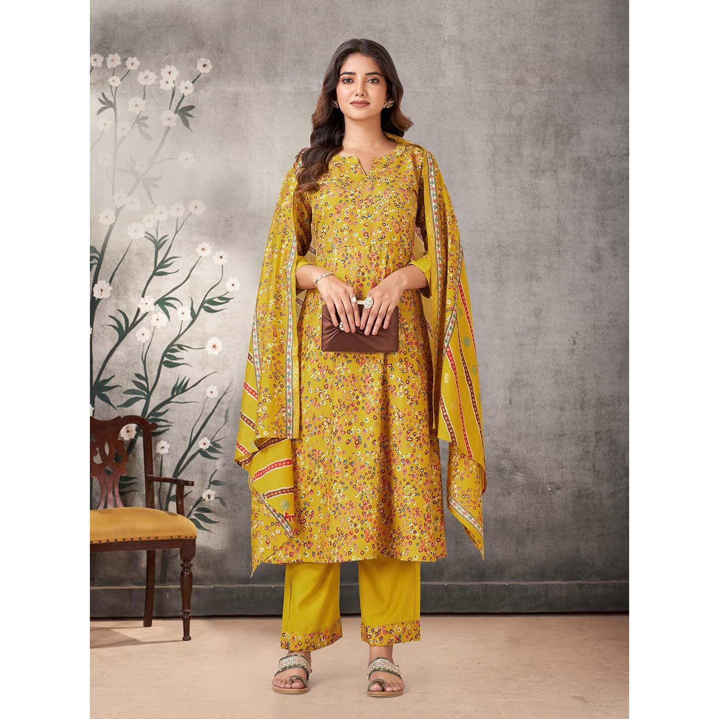 Pratham Blue Women's Viscose Rayon Printed Anarkali Kurta With Palazzos And Dupatta |Kurta Set For Women |Women Kurta |Women Printed Kurta Sets Kurtis (Pb-6228-S_Yellow)