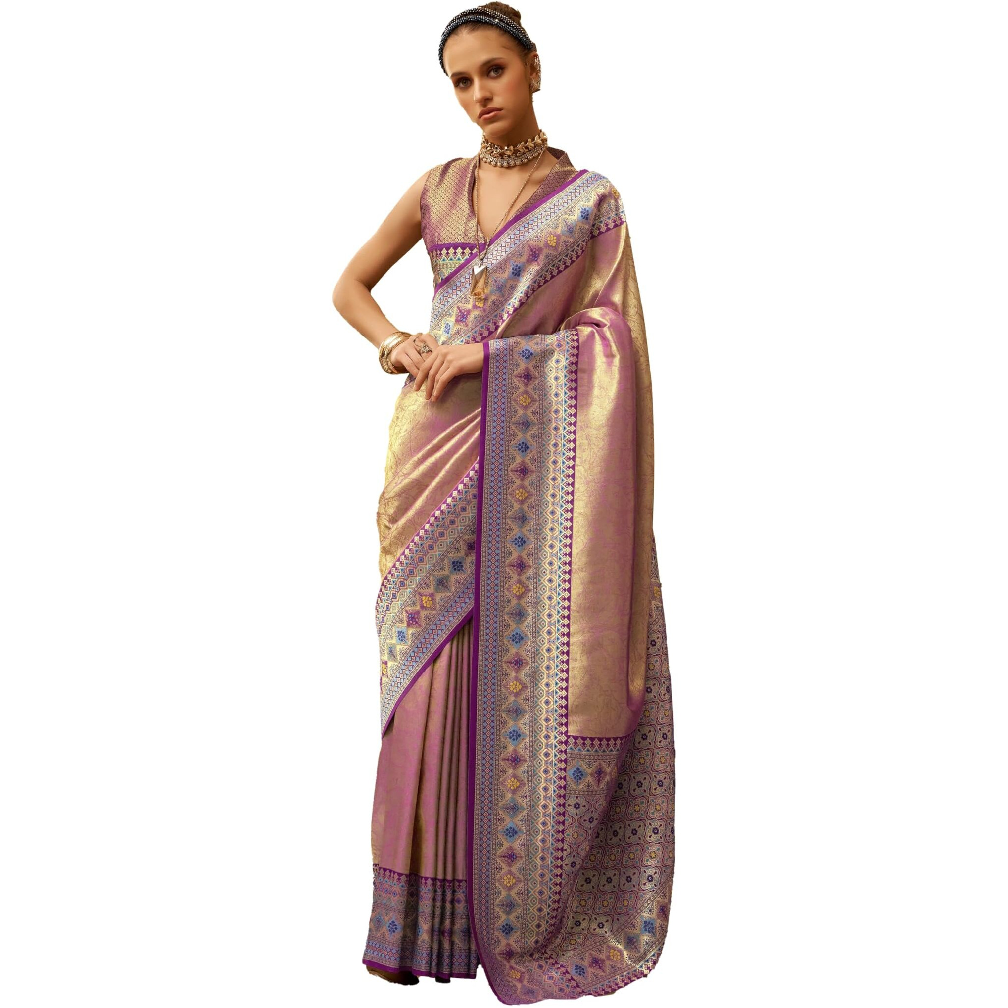 Pujia Mills Designer Tissue Silk Saree With Zari Weaving Border, Traditional (Pink)