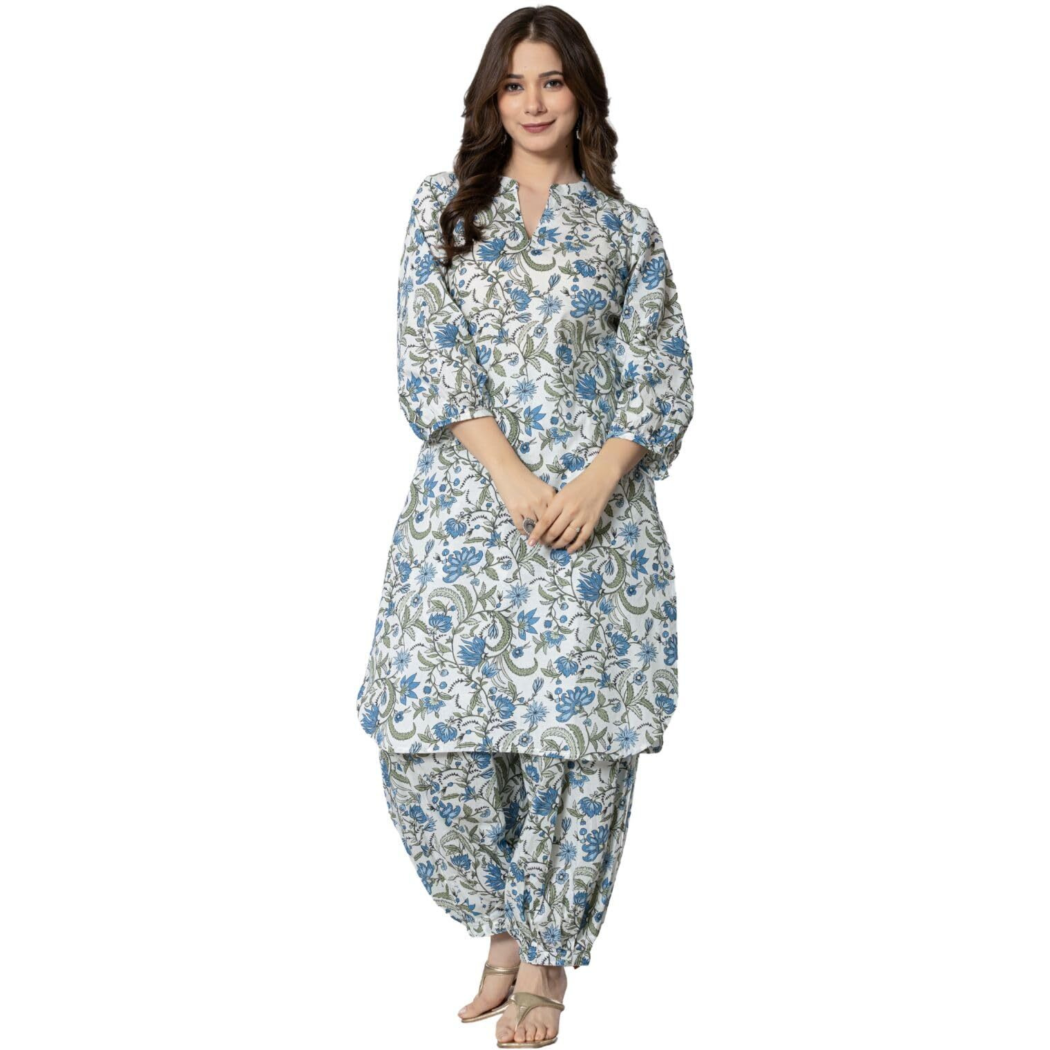 Rytras Women's Pure Cotton Printed Straight Kurta Set With Palazzo Pants - Ethnic Wear, Blue(Ryt592-N,S)