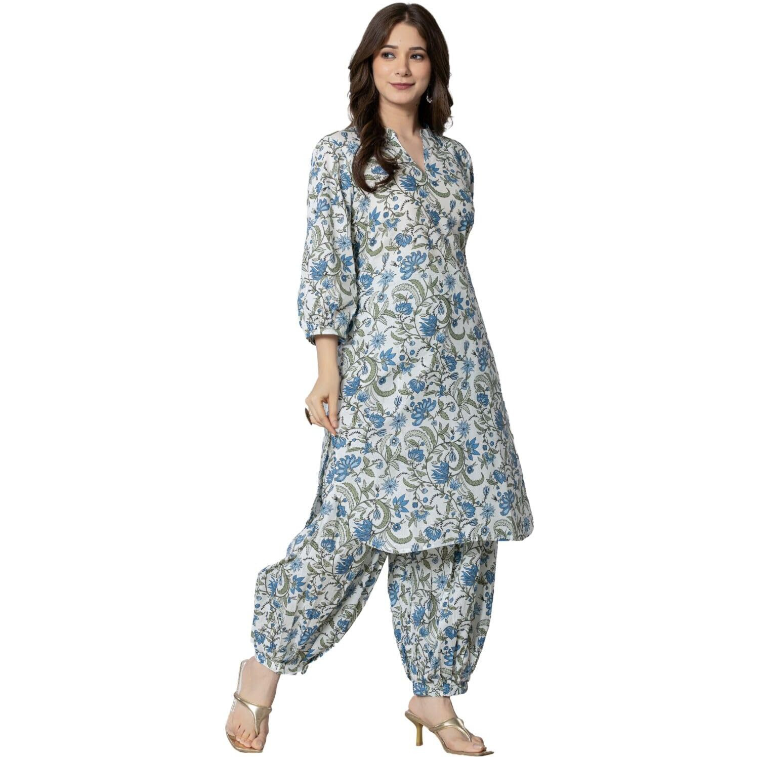 Rytras Women's Pure Cotton Printed Straight Kurta Set With Palazzo Pants - Ethnic Wear, Blue(Ryt592-N,S)