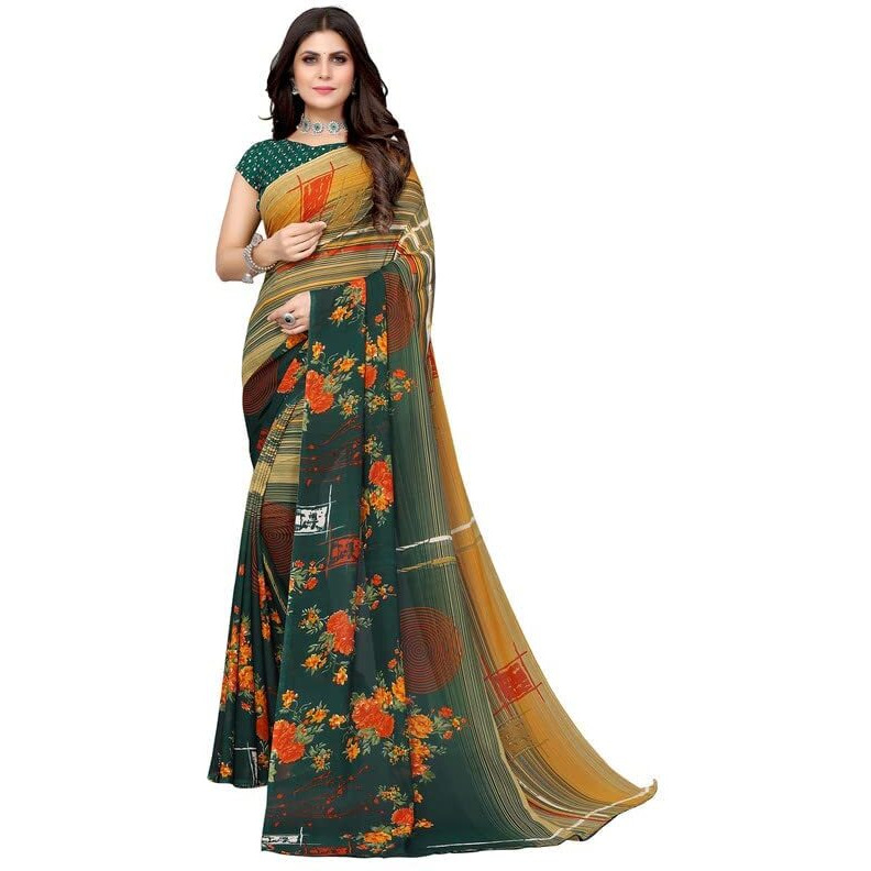 Shiv Textiles Women's Georgette Floral Printed Saree(151S104_Dark Green, Beige)