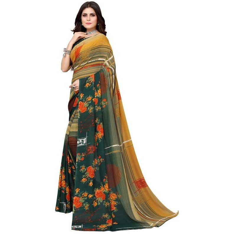 Shiv Textiles Women's Georgette Floral Printed Saree(151S104_Dark Green, Beige)