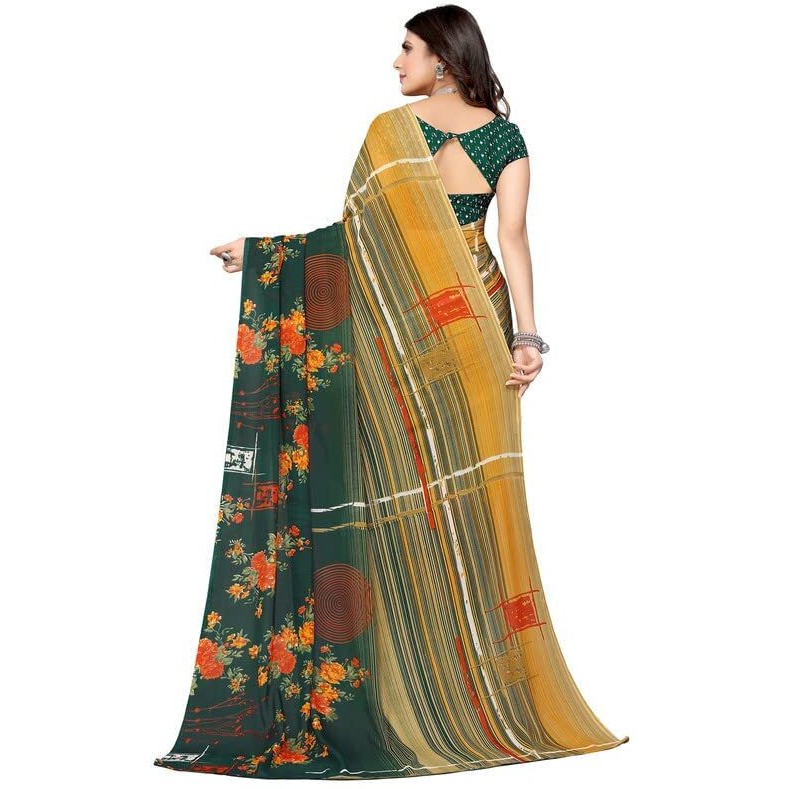 Shiv Textiles Women's Georgette Floral Printed Saree(151S104_Dark Green, Beige)